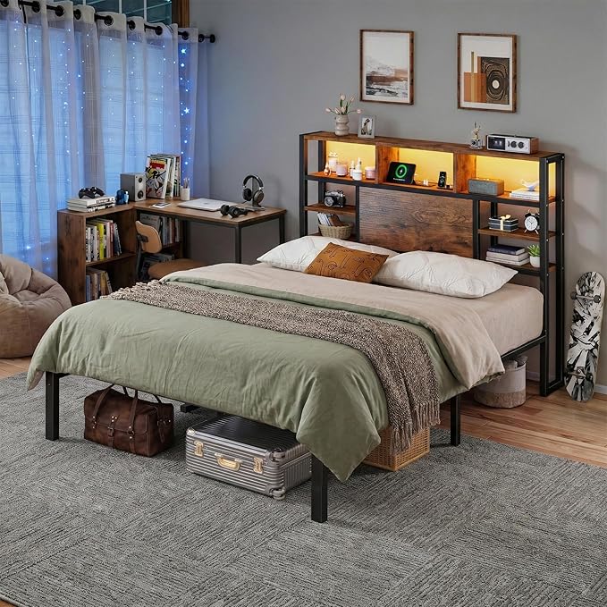 Full Size Bed Frame with Storage Headboard, LED Lights & Charging Station Heavy Duty Metal Platform Bed for Small Bedrooms, 1100 LBS Capacity, No Box Spring Needed, Easy Assembly,Vintage Brown