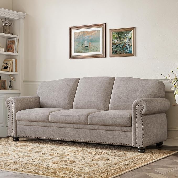 ONBRILL 90 Inch Rolled Arm Sofa for Living Room, Deep Seat Nailhead Trim Couch, Comfy 3 Seater Chenille Couch w/Wooden Leg, Springs Seat Cushion, Large Traditional Sofa for Farmhouse, Beige