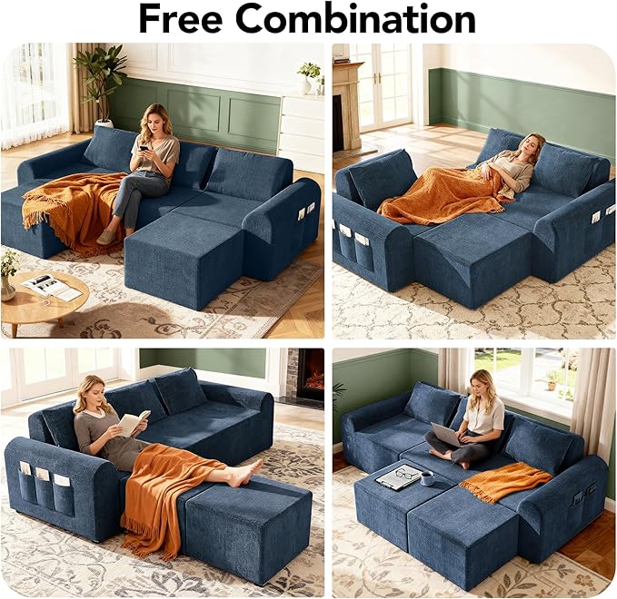 86.6" Cloud Boneless Sectional Sofa for Living Room, 3-Seater Modular Couch for Small Apartments with 2 Ottomans, Deep Seat Chenille Fabric Sofa, No Assembly Required, 72H Full Restore, Blue