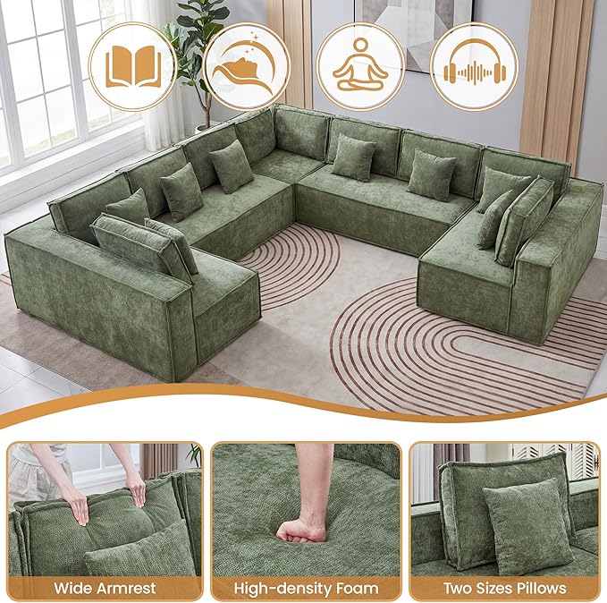 138'' Boneless Chenille U Shaped Couch, Oversized Modular Sectional 9 Seater Sofa, Modern Deep Seat Corner Cloud Compressed Couch, No Assembly Sleeper Sofa with Chaise for Living Room, Green