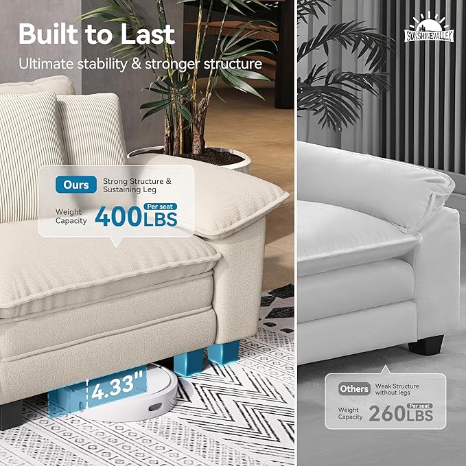 3 Seat Modular Sofa, 123.6'' Oversized Modern Chenille Sectional Couch with Wider Armrest and Pillow, Upholstered Cloud Deep Seat Sofa for Living Room, Beige