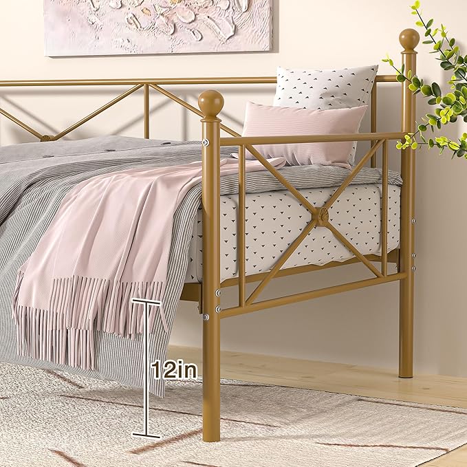 VECELO Twin Daybed Frame, Metal Day Bed with Stylish Headboard, Multifunctional Platform Beds for Bedroom, Guest Room, No Boxing Spring Needed, Golden
