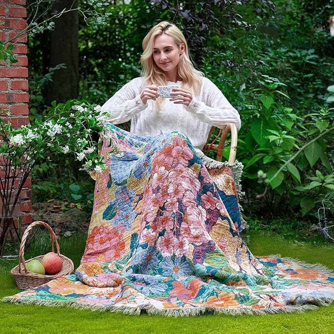 LUTBM Boho Throw Blanket for Couch Sofa Chair Cotton Spring Blankets for Bedroom Living Room All Season Soft Lightweight Reversible Floral Embroidery Breathable Decorative Throws 50"x60"