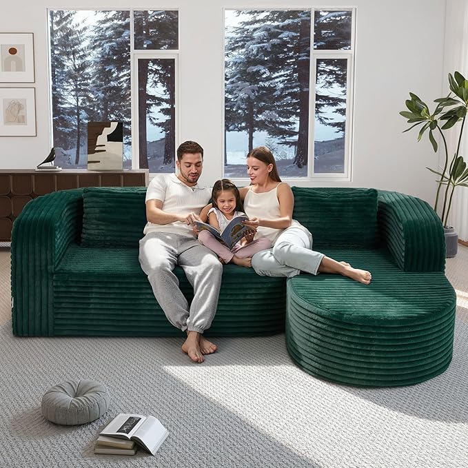 Hobestluk 96" Cloud Sectional Couch Modern Boneless Couch 3 Seater with Oversized Chaise L Shaped Modular Sofa Couches for Living Room Apartment No Assembly Required (Stripe Green,Right Facing Chaise)