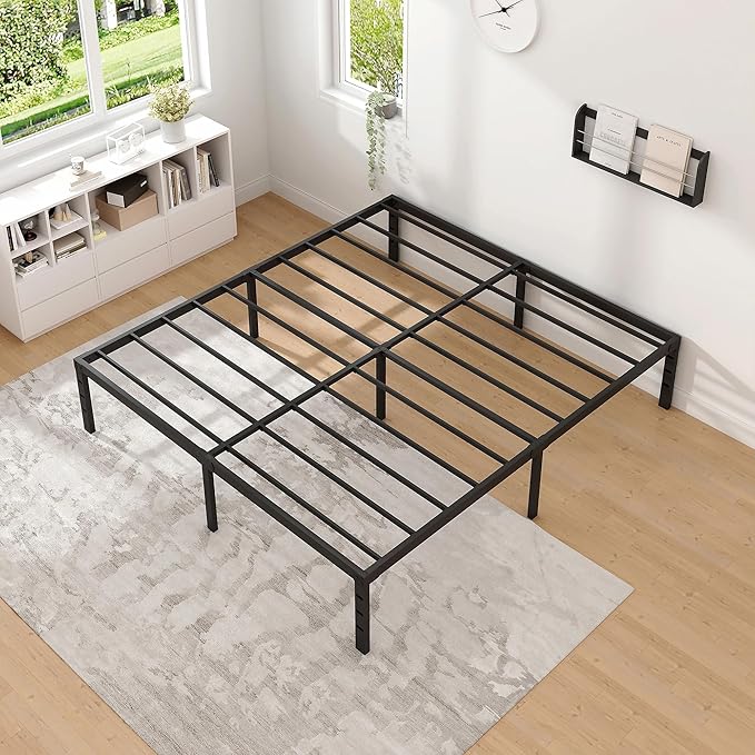 NEW JETO Metal Bed Frame,King Size Bed Frame with Storage Space,Heavy Duty Sturdy Mattress Foundation,Easy Assembly,No Box Spring Needed,Black,12 Inch,King