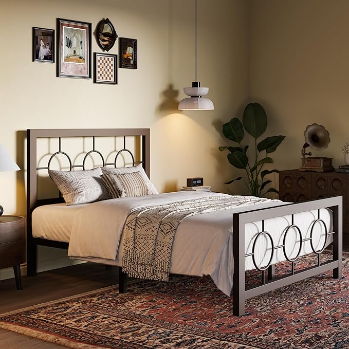 SHA CERLIN Twin Metal Bed Frame with Vintage Circular Design Headboard and Footboard, No Box Spring Required, Easy Assembly, Noise-Free,Brown