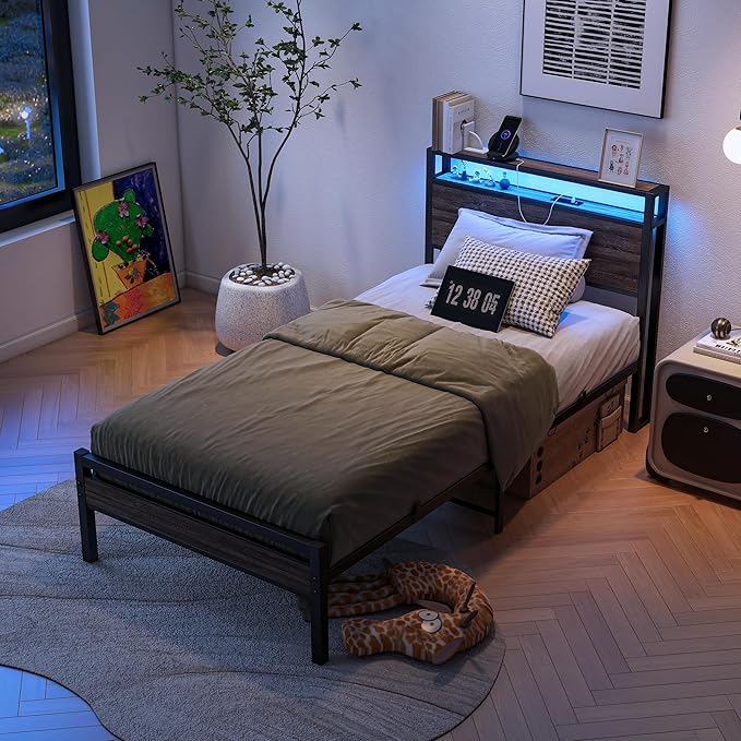 BOFENG Twin Bed Frame with Wood Headboard and USB Charging Station,Heavy Duty Metal Platform Single LED Bed Frame Twin Size with Storage No Box Spring Needed,Strong Steel Slats,Noise Free,Rustic Grey