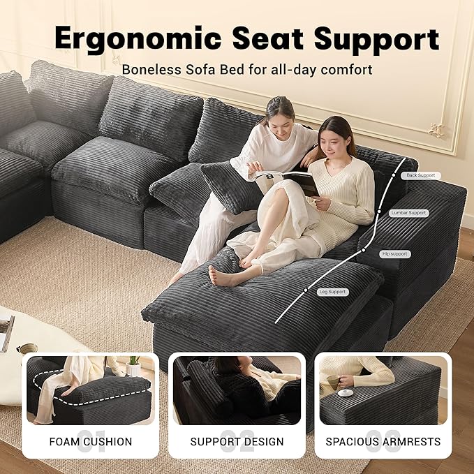 137.8” Sectional Couches for Living Room, Set of Cloud Couch, Modular Sectional Sofa, Convertible Sofas Bed, Deep Seat Sofa, U Shaped Cozy Sofa Furniture Set, Corduroy, Gray