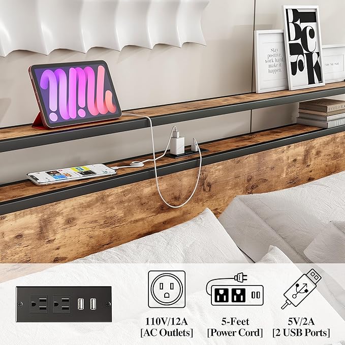 BOFENG Metal Platform King Size Bed Frame with Storage Headboard and USB Charging Station,King Bed Frame No Box Spring Needed,Sturdy and Noise-Free,Easy Assembly,Brown