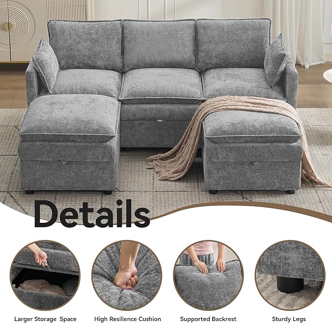 80" Cloud Modular 3 Seater Sofa with 2 Storage Ottoman, Modern Storage Sofa Couch Deep Seat, U Shape Sectional Sofa Chenille Comfy Couch with Armrests for Living Room, Small Space, Light Grey | Modular Sofa, Storage Ottoman, Upholstered Sofa, Sectional...