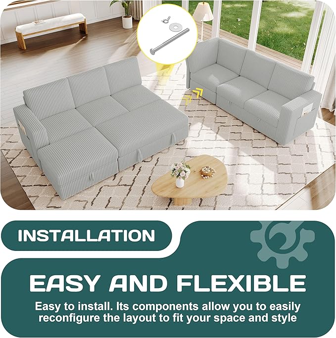 106.7" Sectional Sleeper Sofa with Pull Out Couch, Modern 7 Seat U Shaped Modular Couch, Sectionals Modular Sofa with Storage, Comfy Corduroy Couches Sectional for Living Room, Light Gray