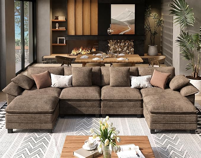 U Shaped Modular Cloud Couch, 157.5'' Oversized Chenille Sectional Sofa with Wider Armrest and Ottoman, Upholstered 6-Seat Modern Deep Seat for Bedroom Living Room, Taupe