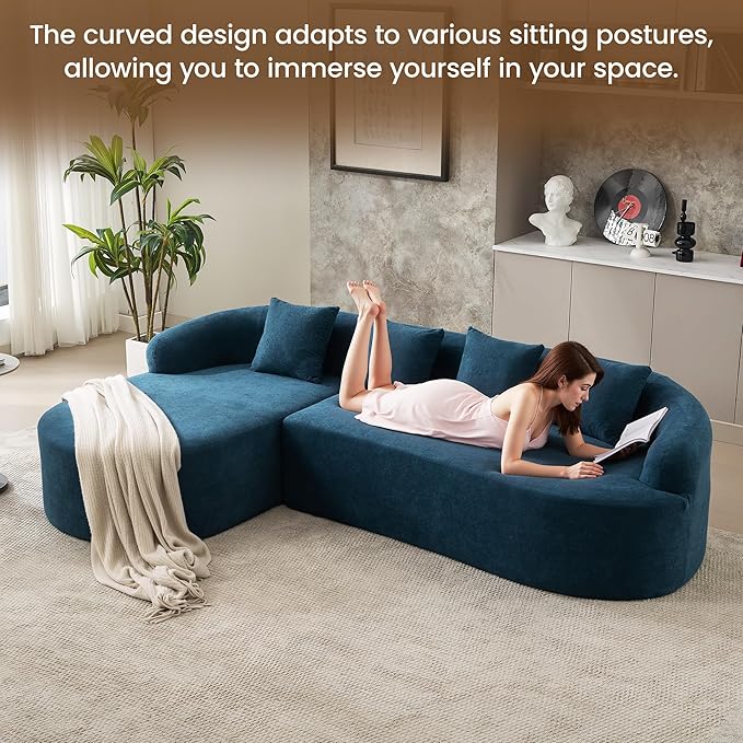 Boneless L Shaped Sofa Couch, Oversized Sectional Curved Cloud Sofa with Chaise Lounge, Chenille 4 Seats Deep Seat Couches for Living Room, No Assembly, Blue