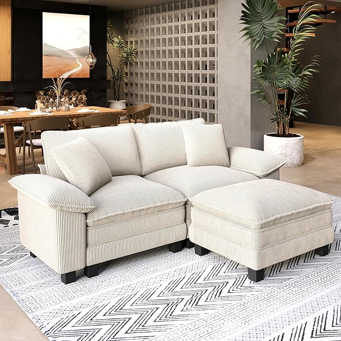 Sectional Loveseat with Ottoman, 87.5'' Oversized Corduroy Love Seat Modular Sofa Couch with Pillow, 3-Seat Modern L Shaped Cloud Deep Seat for Bedroom Small Space, Beige