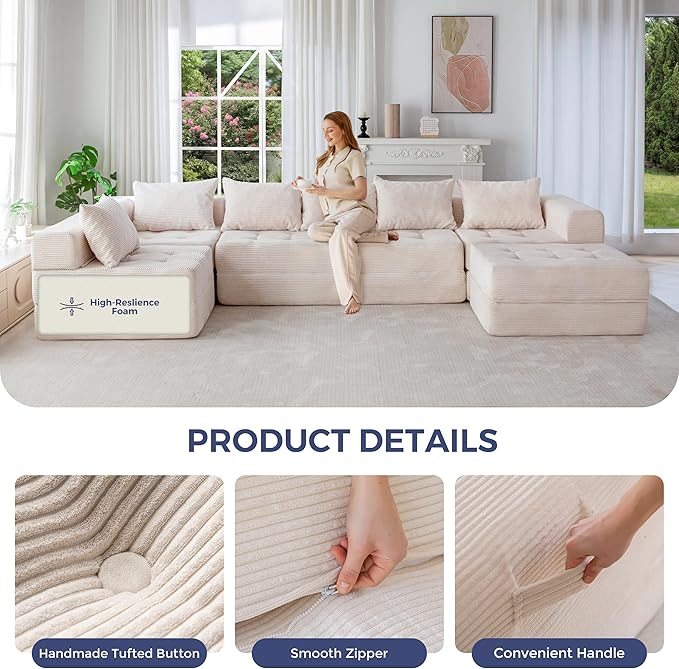 MAXYOYO Modular Sectional Sofa Couch, Foldable U Shaped Cloud Couch with Pillows, Tufted 7-Seat Boneless Sleeper Lounger Floor Sofa Bed for Living Room, No Assembly Required, Beige