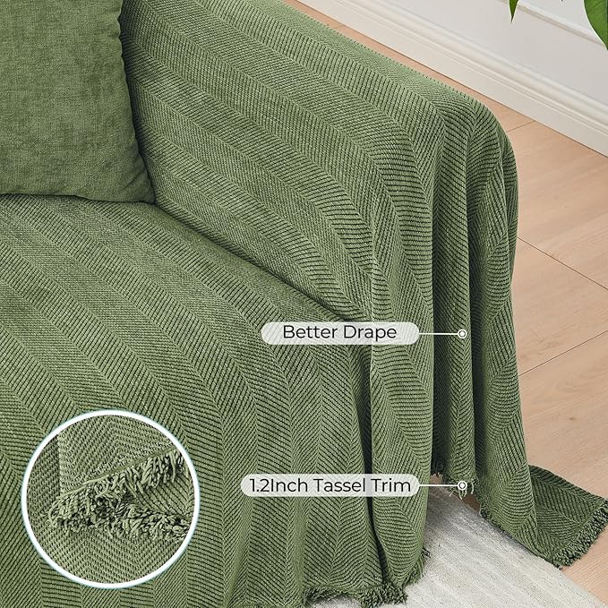 Sectional Couch Covers 2 Pieces, Chenille L Shaped Couch Cover Blanket for Sectional Sofa with Herringbone Pattern Washable Sofa Slipcovers (XXX-Large: 71" x 118" + 91" x 134", Green)
