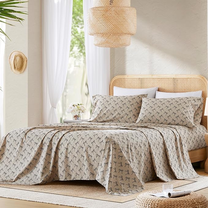 Comfort Spaces 100% Cotton Sheets King, Breathable, Naturally Cool Cotton Sheets, Soft Cotton Bed Sheets with 14" Elastic Pocket Fits up to 16" Mattress, All Seasons Sheet Set, Bow Black/Taupe 4 Piece