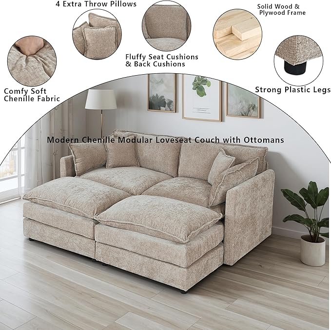 Setawix Deep Loveseat Couch with Ottomans,Large 2 Seater Lounger Cloud Couches for Living Room,77.16" Chenille Cloud Sofas with Deep Seat,Modular Sectional Sleeper Sofa for Bedroom (Coffee, 2+2)
