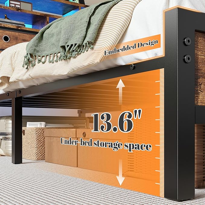 Homkdom Bed Frame Full with 2-Tier Storage Headboard and 4 Drawers,Metal Full Bed Frame with LED Lights & Charging Ports,13.6" Under Bed Storage,No Noise,for Apartment,Guest Room,Rustic Brown