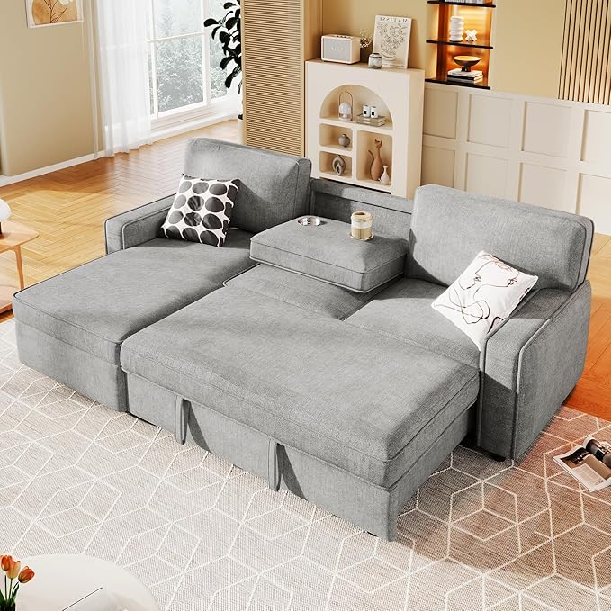 LUMISOL 89" Convertible Sleeper Sofa Bed, Modern L-Shaped Sectional Sofa with Storage Chaise, Chenille Pull Out Couch Bed with Cup Holders & Charging Station for Living Room, Gray