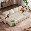 LINSY HOME Pull Out Sofa Bed Sectional Sleeper Sofa with Storage, Plush Corduroy Pullout Modular Sectional Couches for Living Room, U Shaped Convertible Couch Bed for Apartment (Beige)