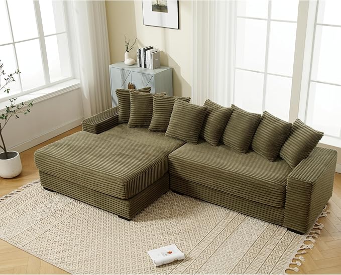 111 Inch Corduroy Sectional Couches for Living Room | L-Shaped Sectional Couch with 8 Pillows | Cloud Couch with Deep Seat | Solid Wood Frame Sofa Green (Left Facing Chaise)