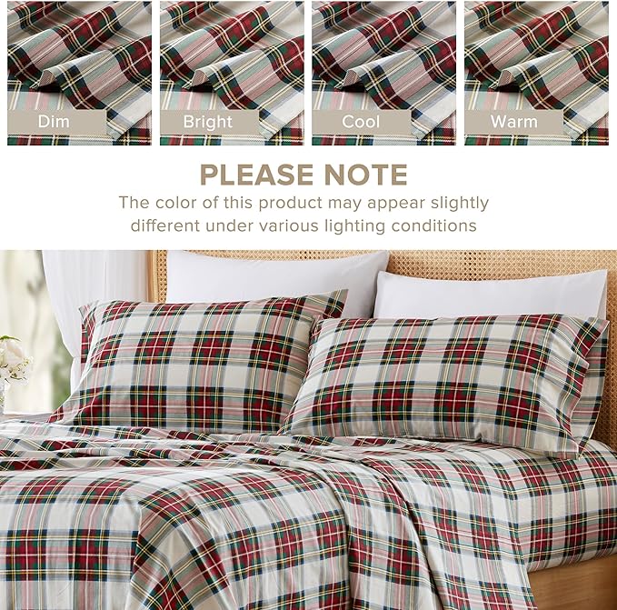 Comfort Spaces 100% Cotton Sheets Twin, Breathable, Naturally Cool Cotton Sheets, Cotton Bed Sheets with 12" Elastic Pocket Fits up to 14" Mattress, All Seasons Sheet Set, Scottish Plaid Red 3 Piece
