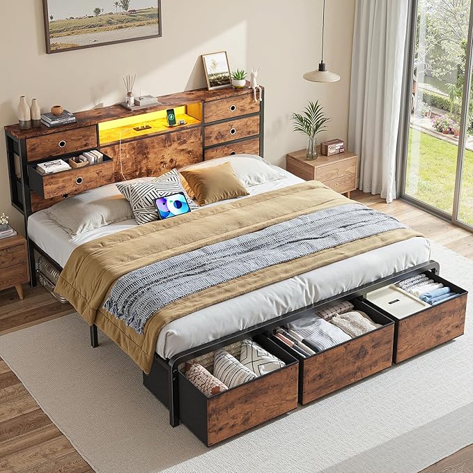 Homkdom King Size Bed Frame with 9 Fabric Storage Drawers, LED Lights & Charging Station, Metal Platform Bed Frame with Headboard Storage,No-Noise,Easy Assembly,Modern Brown