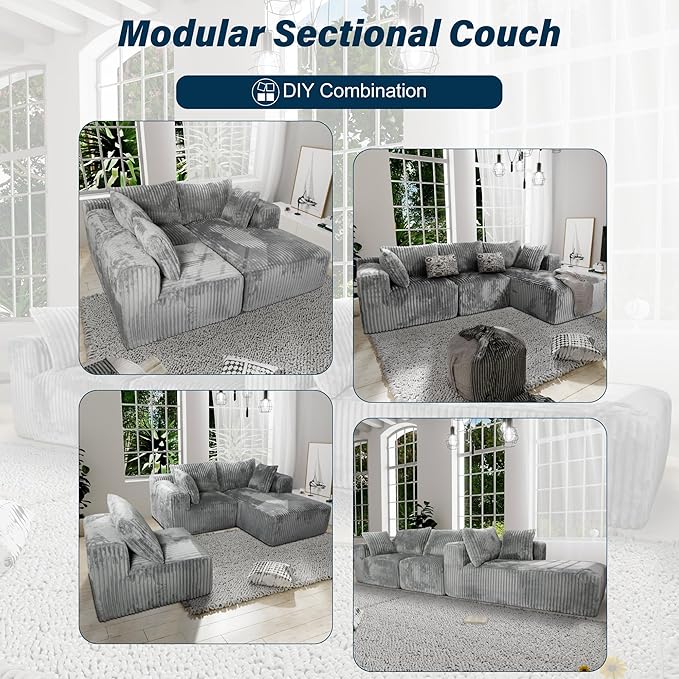 3 Seater L Shaped Sofa with Deep Seat, 101" Cloud Sectional Couch with Chaise, Cozy Modular Couches Sleeper, Oversized Corduroy Sofa for Living Room Bedroom Apartment, Pale Gray