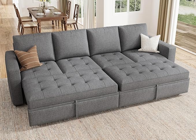 HONBAY Modular Sectional Sleeper Sofa with Pull Out Bed, Linen Convertible Sectional Couches for Living Room,Grey
