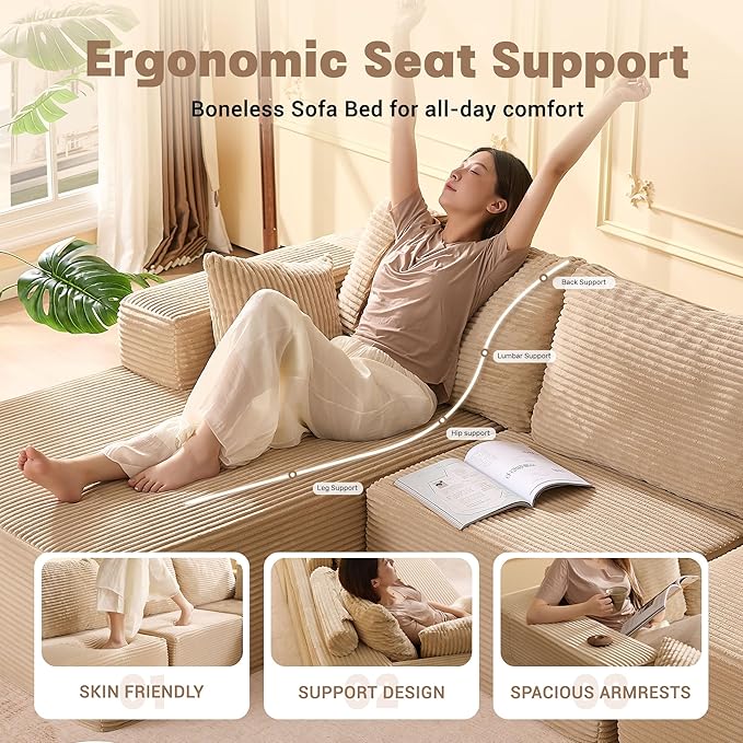 138" Boneless Couch with Deep Seat, Set of Modular Sectional Sofa, Cloud Sectional Couch for Living Room, No Assembly Required, Corduroy, 4 Seater L-Shape Left, Camel