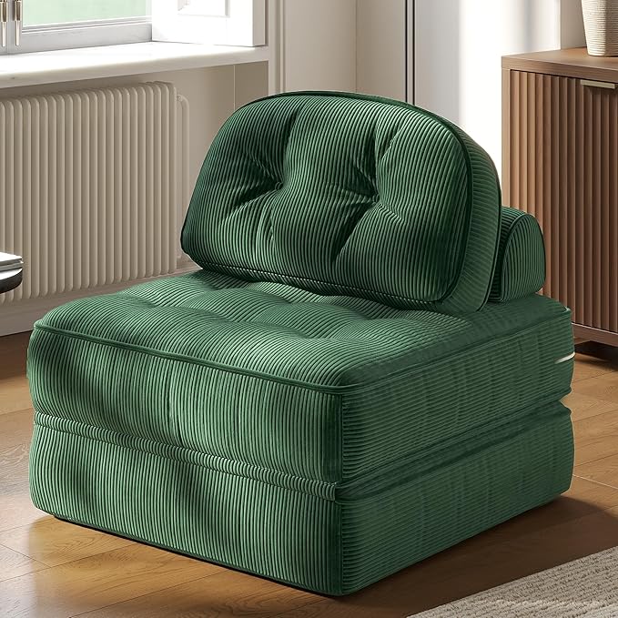 Dowinx Folding Sofa Bed with Pillow, Convertible Comfy Couch Bed for Adults Home Lounge and Gaming, Modern Comfortable Design for Apartment Living Room Bedroom, Single, Ribbed Velvet, Green