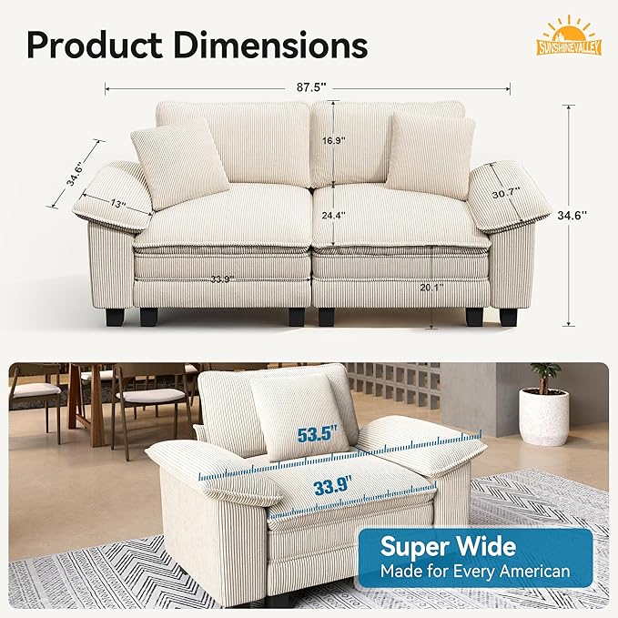 Modular Loveseat Cloud Sofa, 87.5'' Oversized Corduroy Sectional Couch with Wider Armrest and Pillow, 2 Seat Upholstered Modern Love Seat for Living Room Bedroom, Beige
