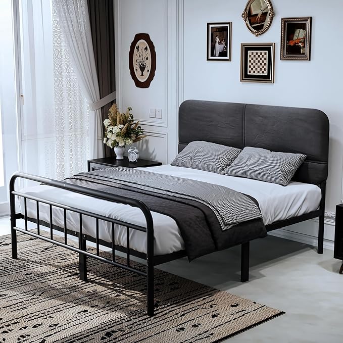 14Inch Metal Bed Frame,Full Size Bed Frame with Upholstered Headboard,Heavy Duty Sturdy Mattress Foundation,Easy Assembly,No Box Spring Needed,Grey-Full