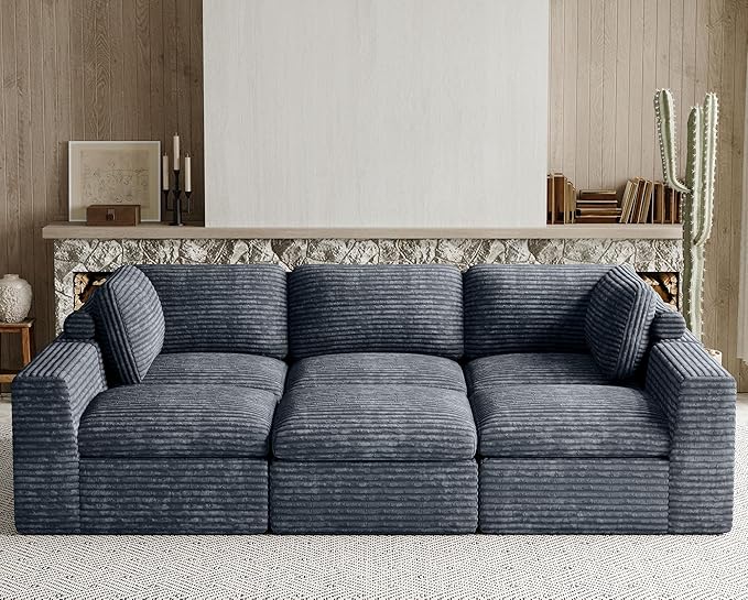 Cloud Sectional Sleeper Sofa Bed 6-Seater Plush Corduroy Modular Sectional Sofa Couches for Living Room with Ottoman. Grey Couch.