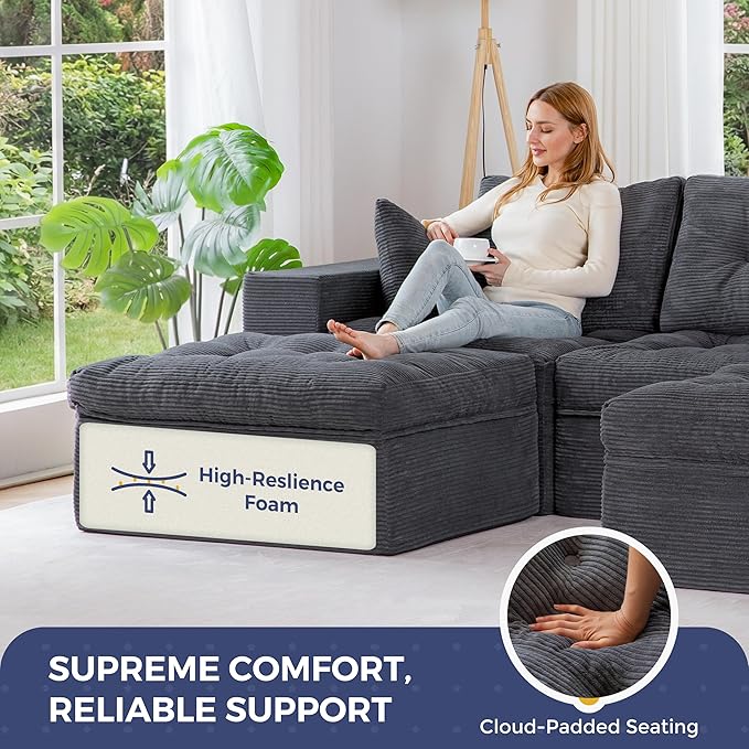 MAXYOYO 104" U Shaped Modular Sectional Sofa with 2 Ottomans, Cloud Boneless Couch with Layered Cushion, Flexible Module Combination Sofa for Living Room, No Assembly Required, Dark Grey
