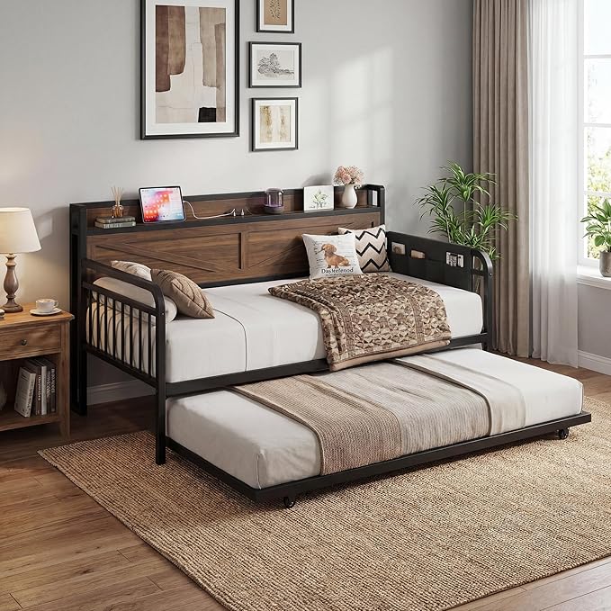 LIKIMIO Twin Daybed, Day Beds with Pop Up Trundle, Storage Headboard with Charging Station, Strong Supports for Apartment and Other Small Space, Walnut