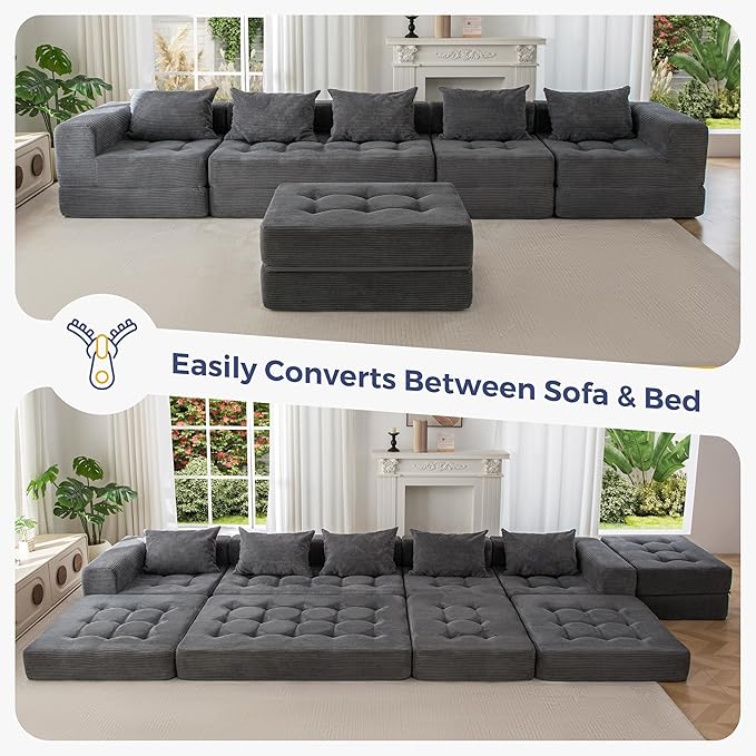 MAXYOYO Modular Sectional Sofa Couch, Foldable U Shaped Cloud Couch with Pillows, Tufted 6-Seat Boneless Sleeper Lounger Floor Sofa Bed for Living Room, No Assembly Required, Dark Grey