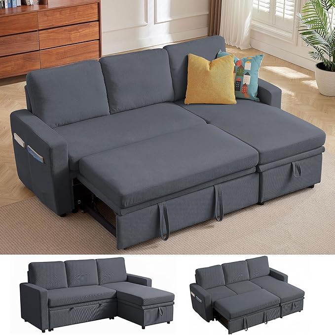 Sleeper Sofa Bed, Convertible L Shaped Sofa | Pull Out Bed with Reversible Storage Chaise | Layered Storage | Side Pockets | 3-Seater Comfy 79" Sectional Pullout Couch for Living Room, Dark Grey