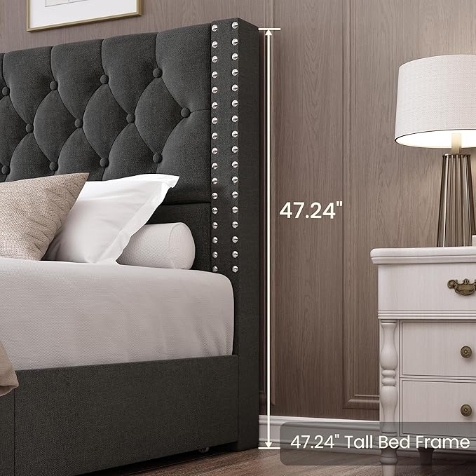 LARMACE King Size Bed Frame with 4 Storage Drawers and Tufted Headboard Linen Upholstered Platform Bed Frame with Heavy Duty Wood Slats, No Box Spring Needed, Easy Assembly, Grey