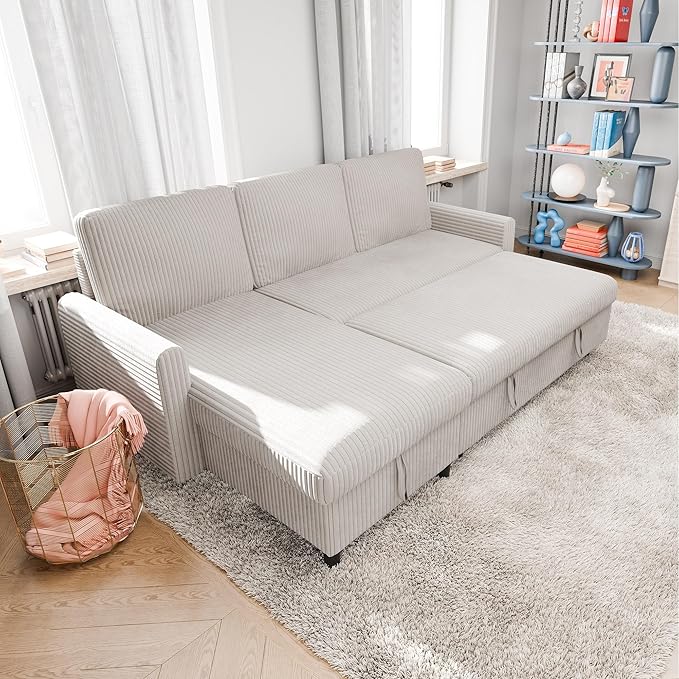 Vongrasig Pull Out Couch with Storage, 77" Sectional Sleeper Sofa, 2 in 1 L-Shaped Sofa Bed with Storage Chaise Corduroy Fabric for Living Room, Apartment, Small Space, White