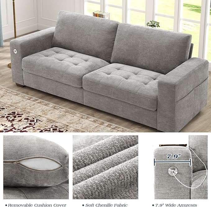 WorthFurni Sofas for Living Room, Chenille Loveseat Couch Set, Small Sofa, 3 Seater Sofa, USB Charging, Removable Sofa Cover,Solid Wood Frame, Easy to Install(89inch,Grey)