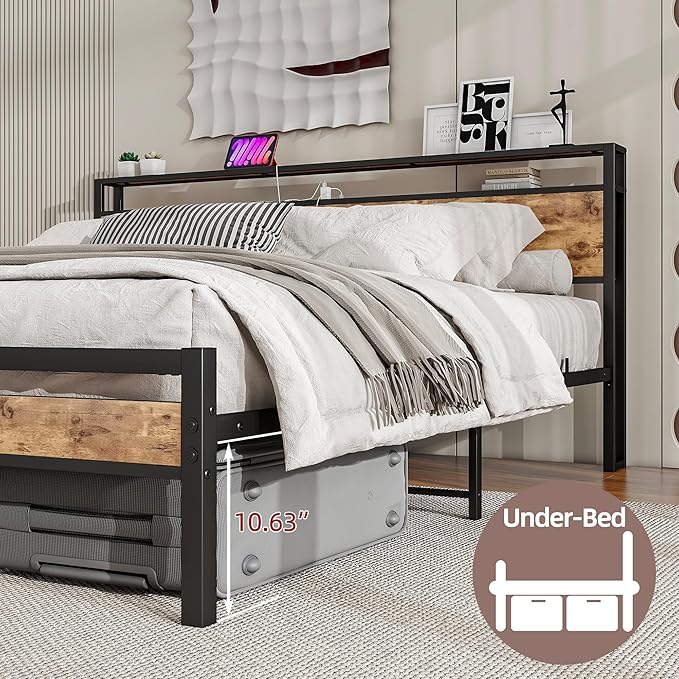 BOFENG Metal Platform King Size Bed Frame with Storage Headboard and USB Charging Station,King Bed Frame No Box Spring Needed,Sturdy and Noise-Free,Easy Assembly,Brown