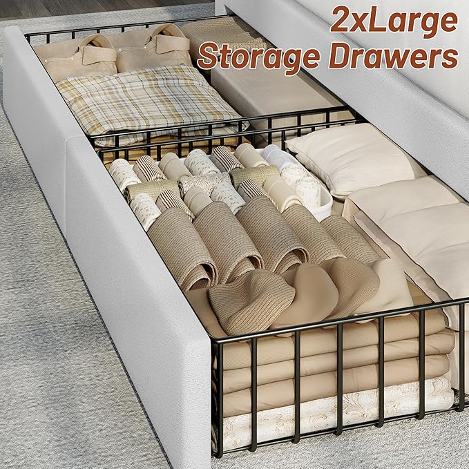 CypBed Queen Bed Frame with Headboard ＆ 4 Storage Drawers,Velvet Upholstered Platform Bed Frame Queen Size with 3 USB & Type-C Charging Ports,Solid Wood Slats,No Box Spring Needed, No-Noise,White,Gift