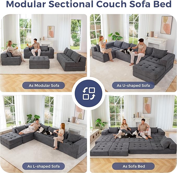 MAXYOYO Modular Sectional Sofa Couch, Foldable U Shaped Cloud Couch with Pillows, Tufted 7-Seat Boneless Sleeper Lounger Floor Sofa Bed for Living Room, No Assembly Required, Dark Grey