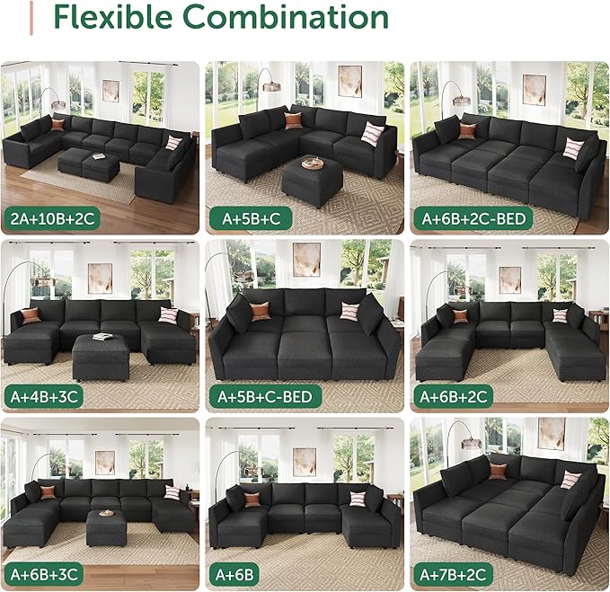 HONBAY Modular Sectional Sofa Couch with Storage, Modern U Shaped Sectional Sofa, Convertible Sectional Couch for Living Room - Linen Grey
