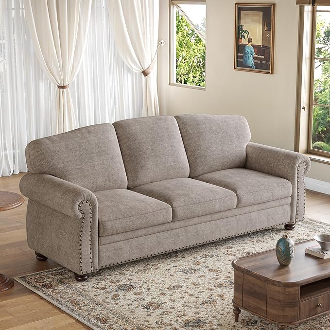 ONBRILL 90 Inch Rolled Arm Sofa for Living Room, Deep Seat Nailhead Trim Couch, Comfy 3 Seater Chenille Couch w/Wooden Leg, Springs Seat Cushion, Large Traditional Sofa for Farmhouse, Beige