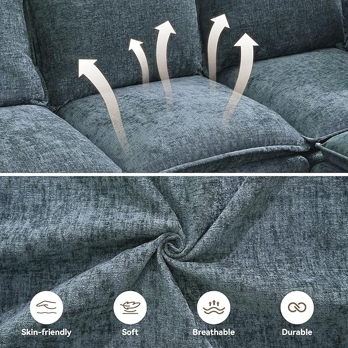 80" Cloud Modular 3 Seater Sofa with 2 Storage Ottoman, Modern Upholstered Storage Sofa Couch Deep Seat, U Shape Sectional Sofa Chenille Comfy Couch with Armrests for Living Room, Small Space, Blue | Modular Sofa, Storage Ottoman, Upholstered Sofa, Sec...