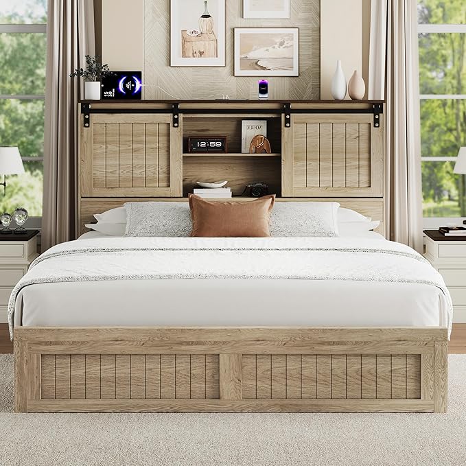 Queen Size Bed Frame with Storage, Sliding Barn Door, Farmhouse Wood Platform Bed with Reading Light and Charging Station, Wood Slats Support, Easy Assembly, Noise-Free, Light Rustic Oak