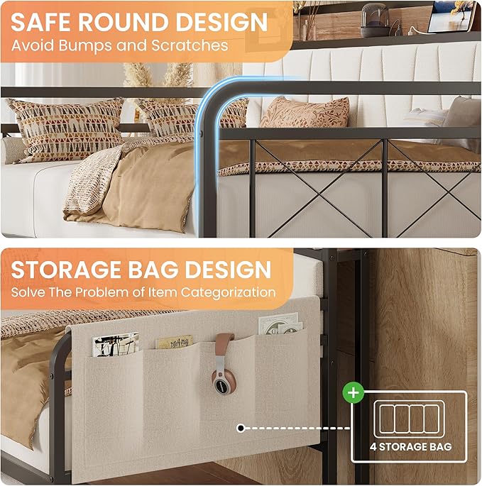 LIKIMIO Daybed with Trundle Bed, Twin Bed Frame with Storage Headboard and Charging Station, Sofa Day Bed with Strong Supports for Living Room, Bedroom, and Guest Room, Beige